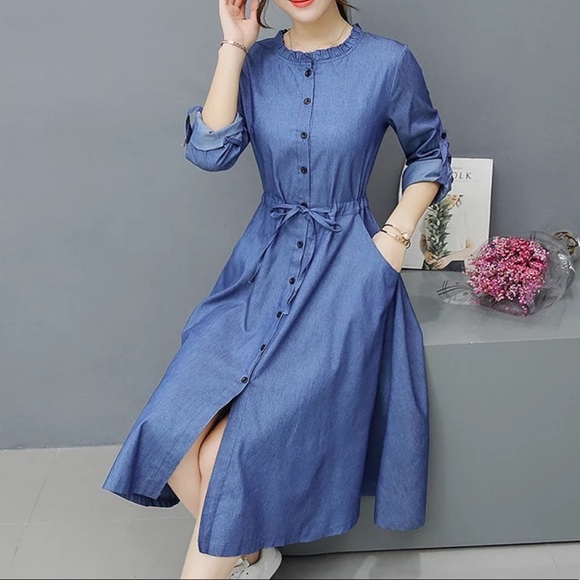 Chambray Midi Dress Button Down Ruffle Collar Smal - Picture 2 of 7